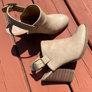 Beige open heel booties
